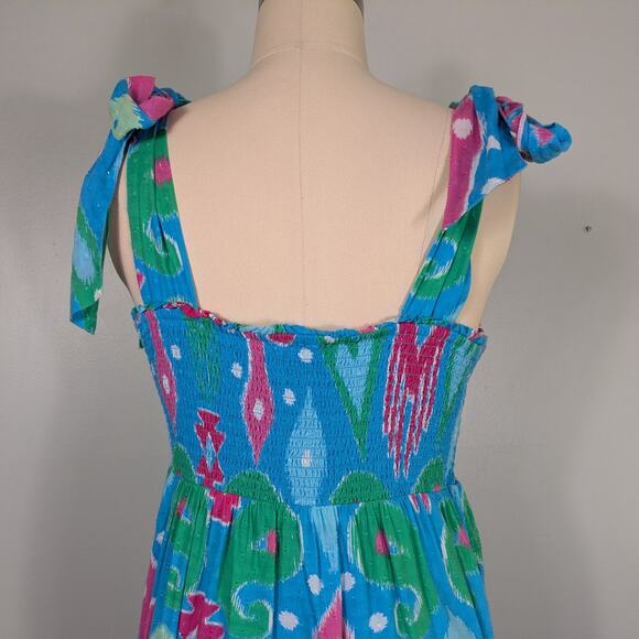 Crown Ivy Maxi Dress XL Blue Pink Ikat Smocked Tie Tiered Swiss Dot Beach Preppy - Picture 10 of 14